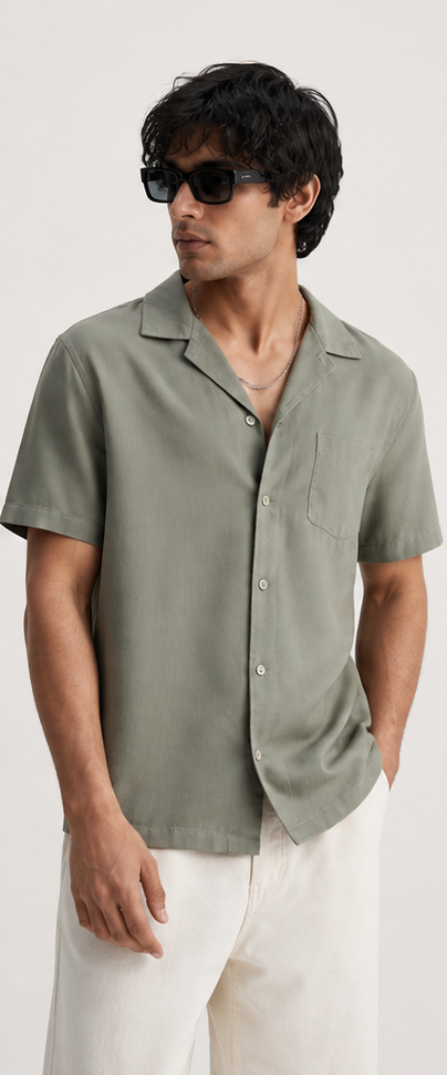 Dry Text Resort Shirt Dust Green resort shirt on a clean white background