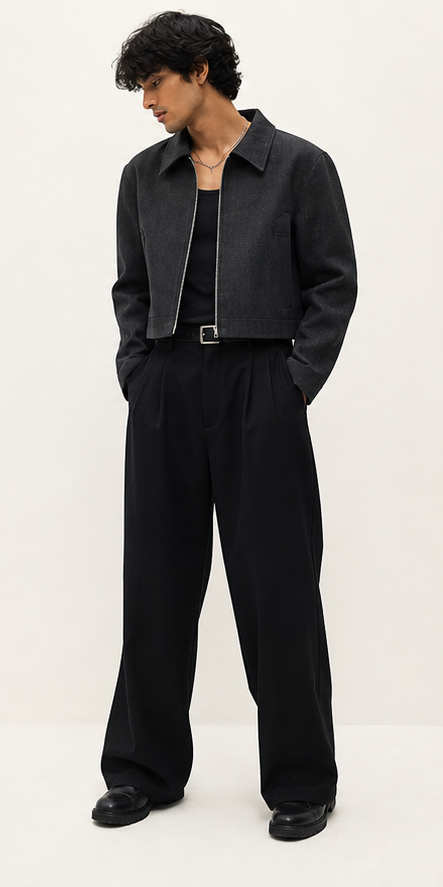 Exit Plan Cropped Jacket Ink Charcoal jacket on a clean white background