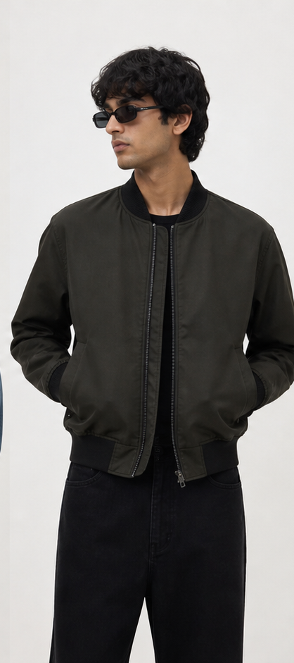 Mute Button Bomber Black Olive bomber jacket on a clean white background
