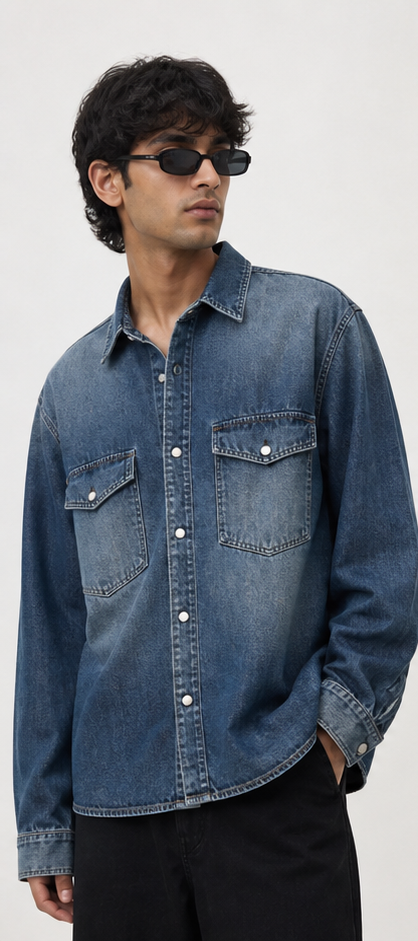 Soft Launch Denim Shirt Faded Indigo denim shirt on a clean white background