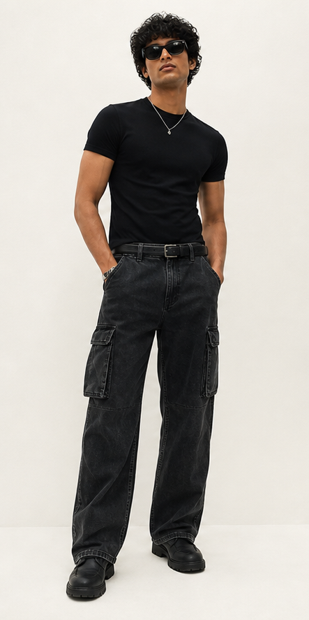 Sharp black cargo trousers with utility pockets that stay flat.