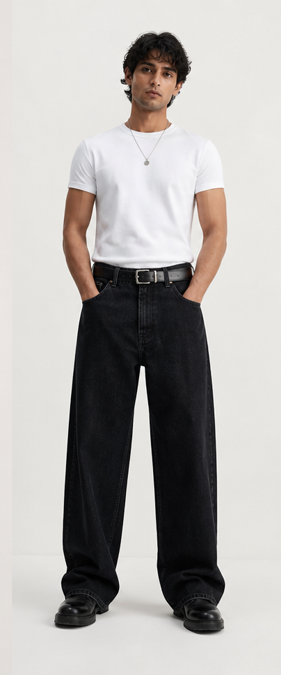 Wide black denim with a clean fall and no fake distressing.