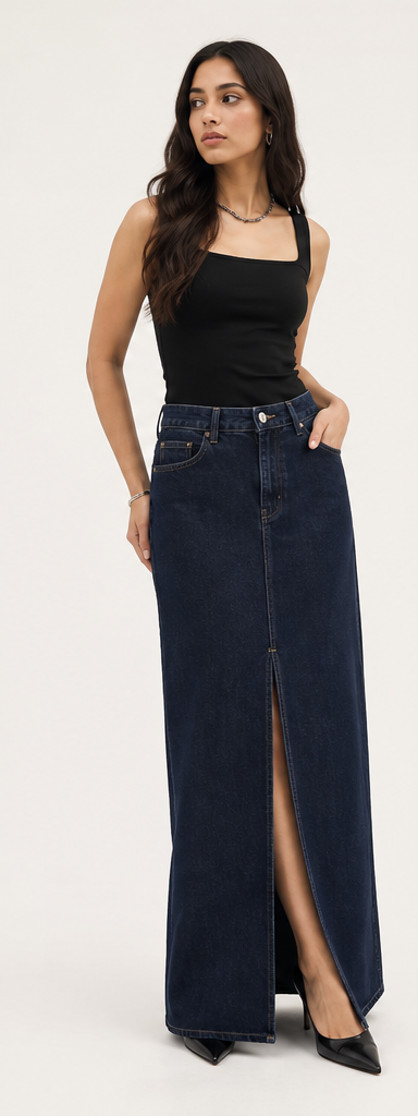 A denim maxi with a clean slit and less nostalgia.