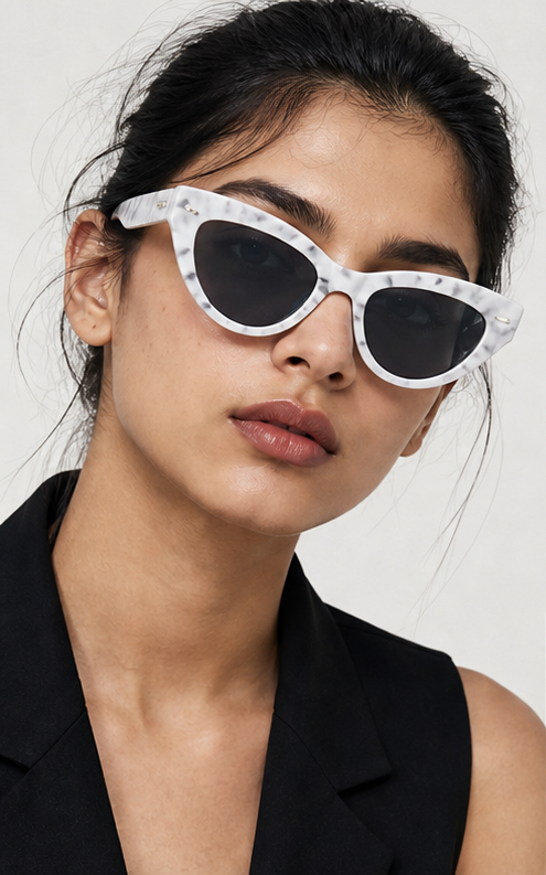 A cat-eye frame with a clean block and sharper angle.
